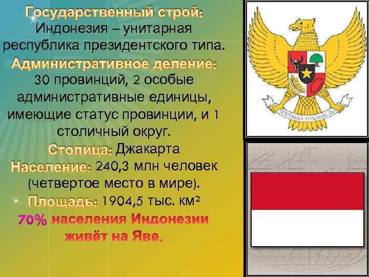 Государственный строй: Индонезия – унитарная республика президентского типа. Административное деление: 30 провинций, 2 особые