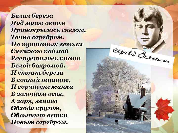 Белая береза Под моим окном Принакрылась снегом, Точно серебром. На пушистых ветках Снежною каймой