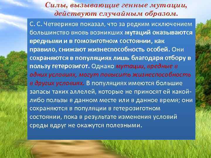 Силы, вызывающие генные мутации, действуют случайным образом. С. С. Четвериков показал, что за редким