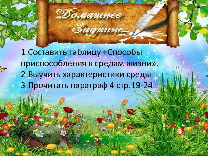 1. Составить таблицу «Способы приспособления к средам жизни» . 2. Выучить характеристики среды 3.