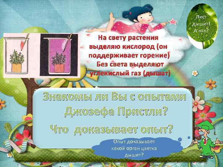 На свету растения выделяю кислород (он поддерживает горение) Без света выделяют углекислый газ (дышат)