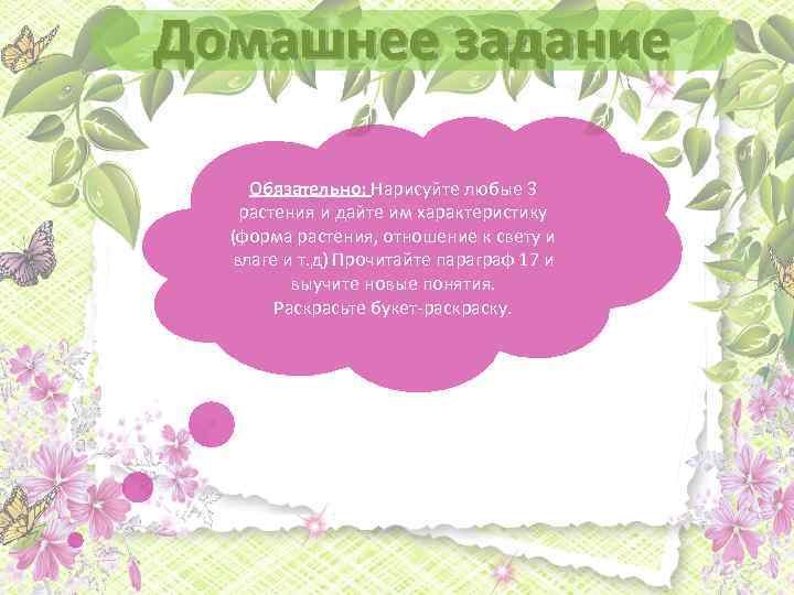 Домашнее задание Обязательно: Нарисуйте любые 3 растения и дайте им характеристику (форма растения, отношение