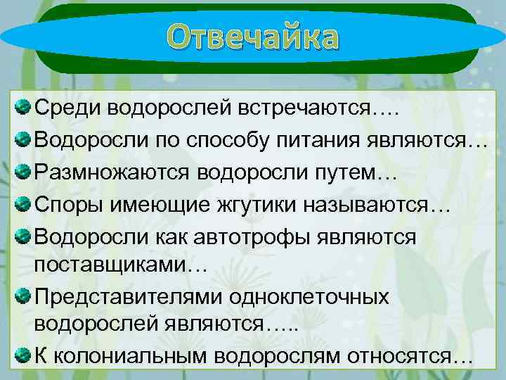 Отвечайка Среди водорослей встречаются…. Водоросли по способу питания являются… Размножаются водоросли путем… Споры имеющие