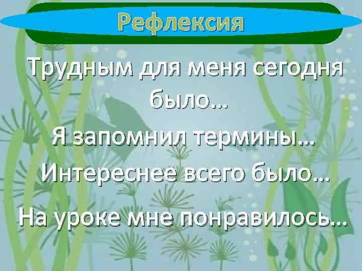 Рефлексия Трудным для меня сегодня было… Я запомнил термины… Интереснее всего было… На уроке