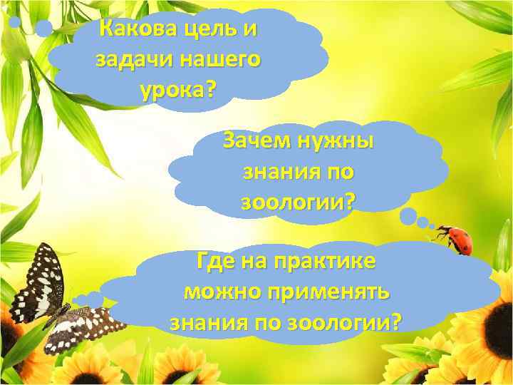 Какова цель и задачи нашего урока? Зачем нужны знания по зоологии? Где на практике