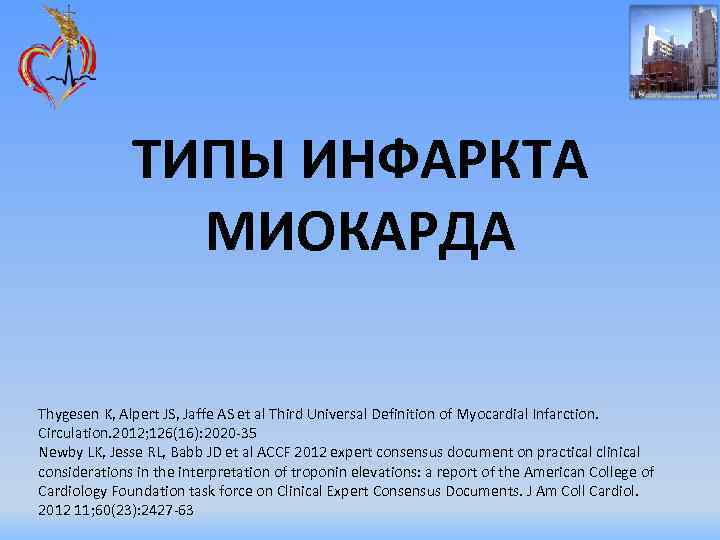 ТИПЫ ИНФАРКТА МИОКАРДА Thygesen K, Alpert JS, Jaffe AS et al Third Universal Definition