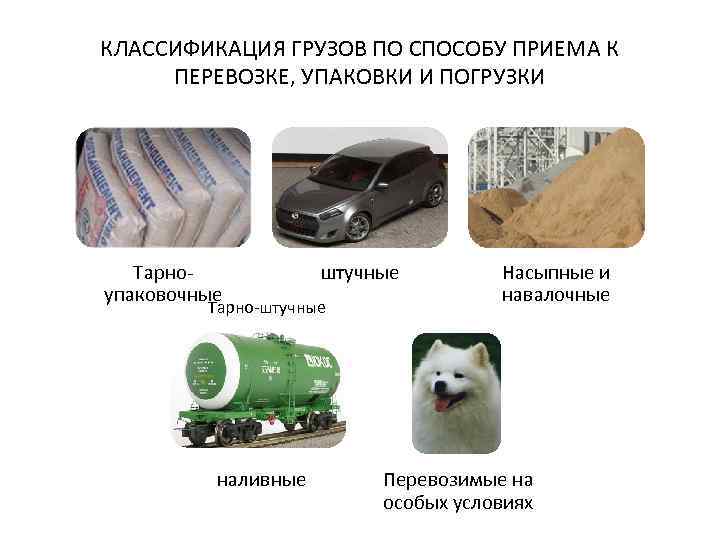 КЛАССИФИКАЦИЯ ГРУЗОВ ПО СПОСОБУ ПРИЕМА К ПЕРЕВОЗКЕ, УПАКОВКИ И ПОГРУЗКИ Тарноупаковочные штучные Тарно-штучные наливные