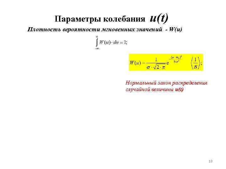 Параметры колебания u(t) Плотность вероятности мгновенных значений - W(u) Нормальный закон распределения случайной величины