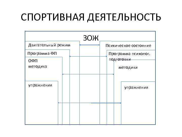 СПОРТИВНАЯ ДЕЯТЕЛЬНОСТЬ Двигательный режим Программа ФП ОФП методика упражнения ЗОЖ Психическое состояние Программа психолог.