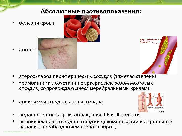 Абсолютные противопоказания: • болезни крови • ангиит • атеросклероз периферических сосудов (тяжелая степень) •