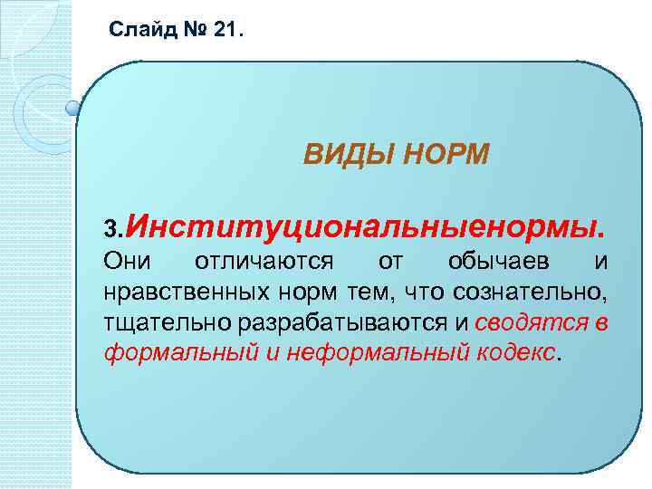  Слайд № 21. ВИДЫ НОРМ 3. Институциональные ормы. н Они отличаются от обычаев