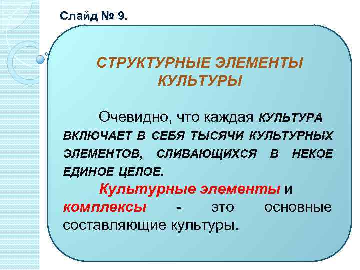  Слайд № 9. СТРУКТУРНЫЕ ЭЛЕМЕНТЫ КУЛЬТУРЫ Очевидно, что каждая КУЛЬТУРА ВКЛЮЧАЕТ В СЕБЯ