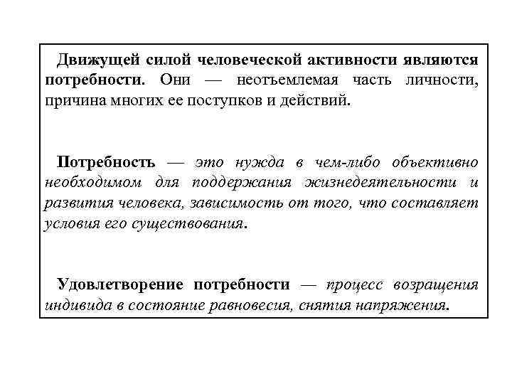 Движущей силой человеческой активности являются потребности. Они — неотъемлемая часть личности, причина многих ее