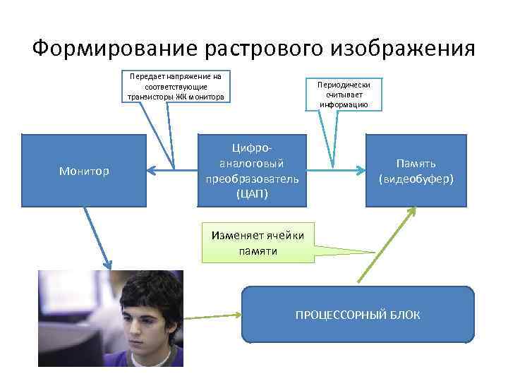 Формирование растрового изображения Передает напряжение на соответствующие транзисторы ЖК монитора Монитор Периодически считывает информацию