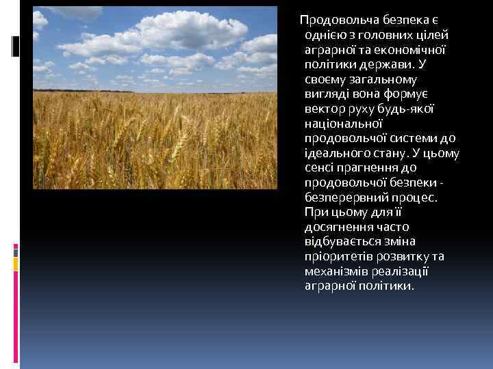 Продовольча безпека є однією з головних цілей аграрної та економічної політики держави. У своєму