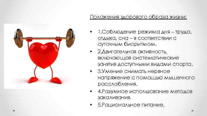 Положения здорового образа жизни: • • • 1. Соблюдение режима дня – труда, отдыха,