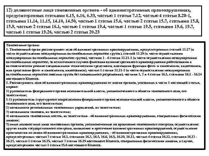 12) должностные лица таможенных органов - об административных правонарушениях, предусмотренных статьями 6. 15, 6.