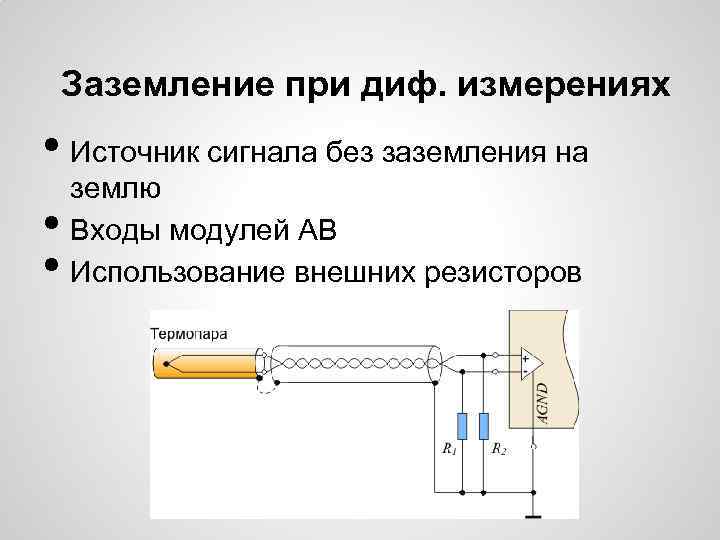 Заземление при диф. измерениях • Источник сигнала без заземления на • • землю Входы