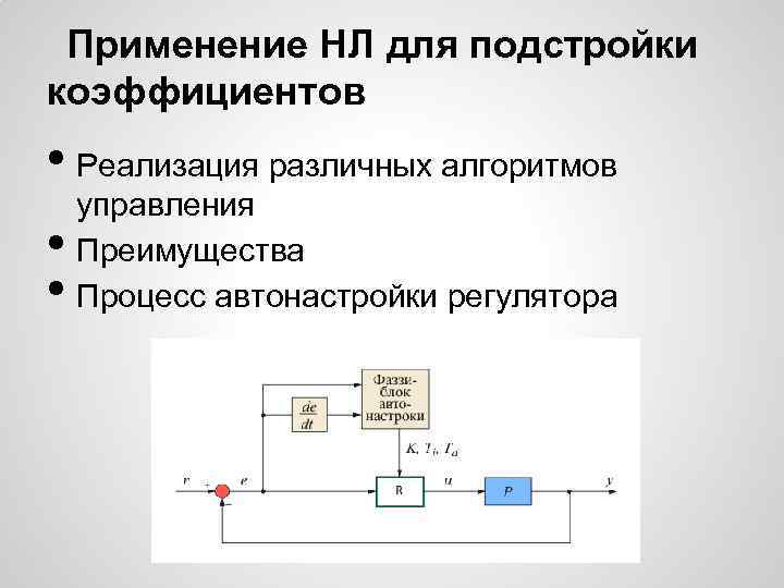 Применение НЛ для подстройки коэффициентов • Реализация различных алгоритмов • • управления Преимущества Процесс