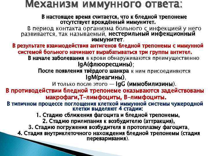 Механизм иммунного ответа: В настоящее время считается, что к бледной трепонеме отсутствует врождённый иммунитет.