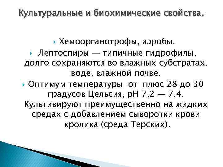 Культуральные и биохимические свойства. Хемоорганотрофы, аэробы. Лептоспиры — типичные гидрофилы, долго сохраняются во влажных