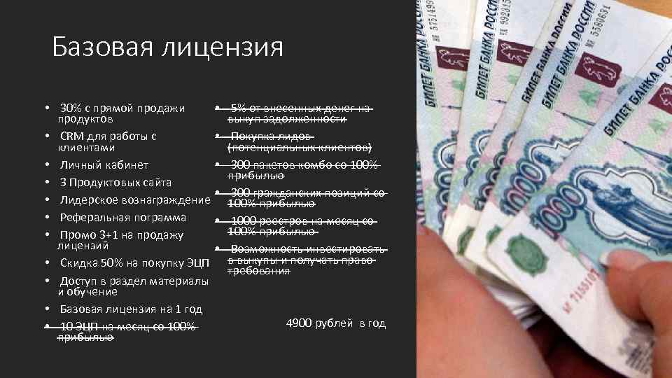 Базовая лицензия • 30% с прямой продажи • 5% от внесенных денег на продуктов