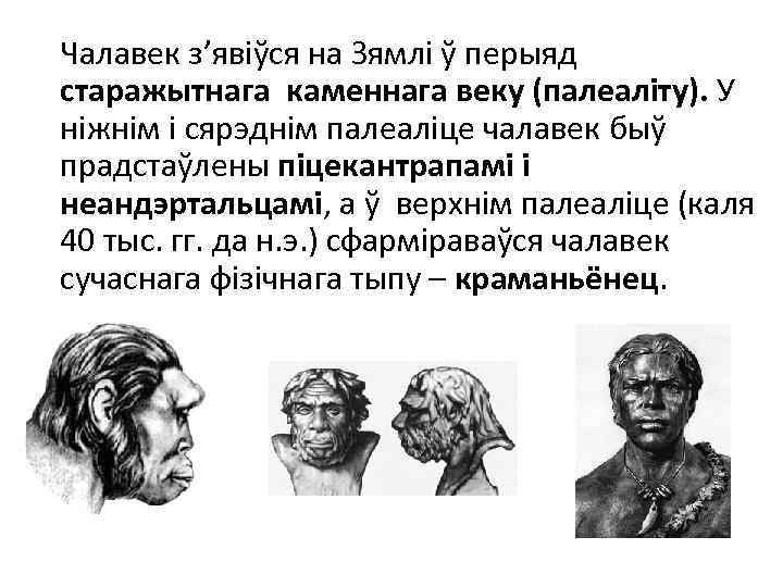 Чалавек з’явіўся на Зямлі ў перыяд старажытнага каменнага веку (палеаліту). У ніжнім і сярэднім