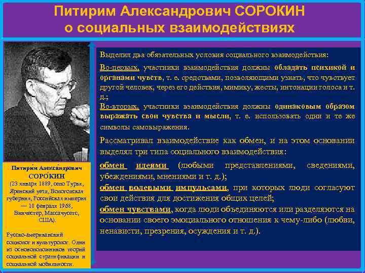 Питирим Александрович СОРОКИН о социальных взаимодействиях Выделил два обязательных условия социального взаимодействия: Во-первых, участники