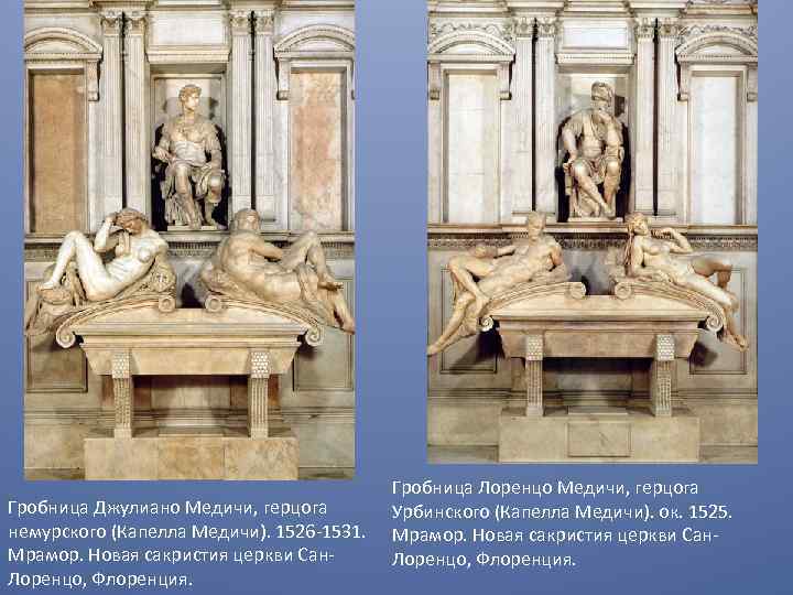 Гробница Джулиано Медичи, герцога немурского (Капелла Медичи). 1526 -1531. Мрамор. Новая сакристия церкви Сан.
