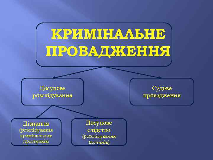 КРИМІНАЛЬНЕ ПРОВАДЖЕННЯ Досудове розслідування Дізнання (розслідування кримінальних проступків) Судове провадження Досудове слідство (розслідування злочинів)