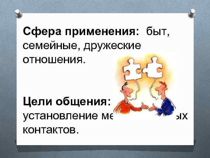 Сфера применения: быт, семейные, дружеские отношения. Цели общения: установление межличностных контактов. 