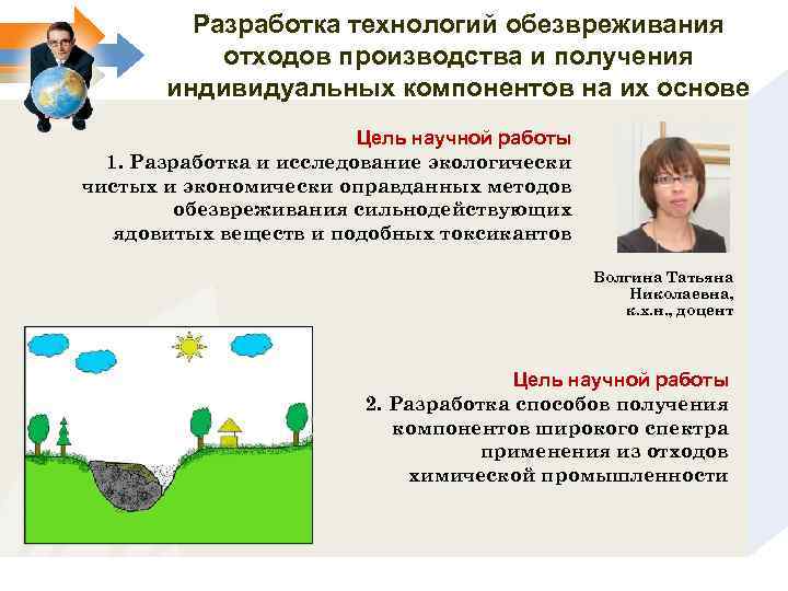 Разработка технологий обезвреживания отходов производства и получения индивидуальных компонентов на их основе Цель научной