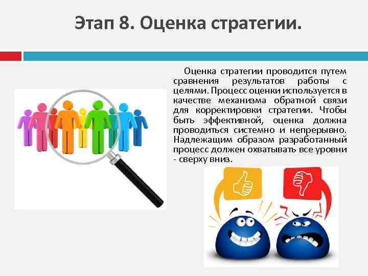 Этап 8. Оценка стратегии проводится путем сравнения результатов работы с целями. Процесс оценки используется