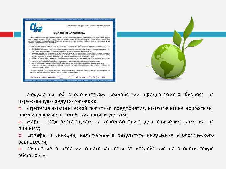 Документы об экологическом воздействии предлагаемого бизнеса на окружающую среду (заголовок): стратегия экологической политики предприятия,