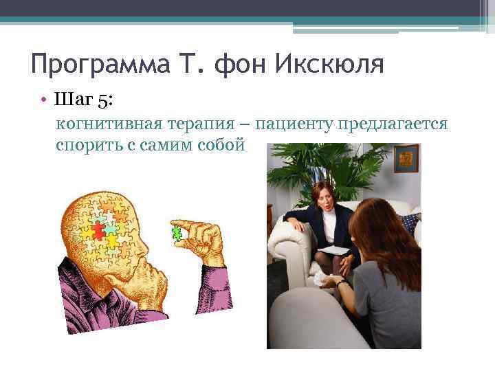 Программа Т. фон Икскюля • Шаг 5: когнитивная терапия – пациенту предлагается спорить с