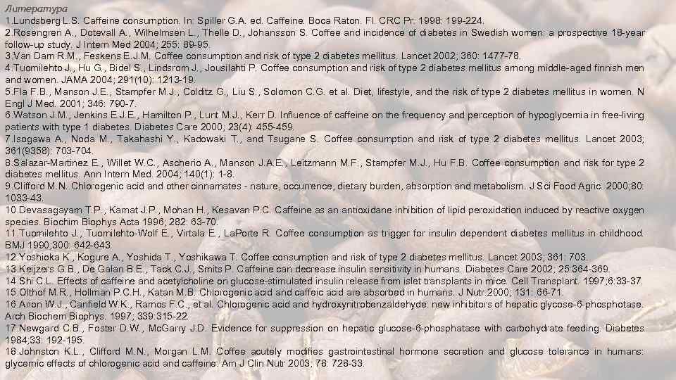 Литература 1. Lundsberg L. S. Caffeine consumption. In: Spiller G. A. ed. Caffeine. Boca