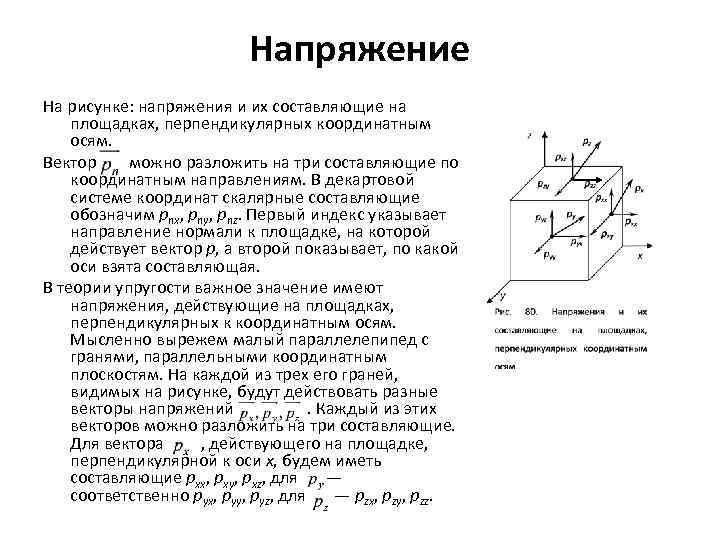 Ось напряжения. Напряжения на координатных площадках. Составляющие напряжения. Напряжение плоскости. Обозначение напряжений в теории упругости.