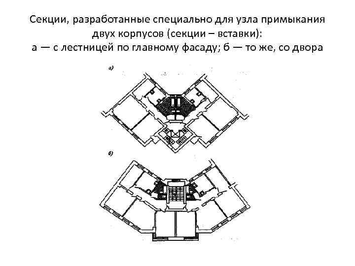 Секции, разработанные специально для узла примыкания двух корпусов (секции – вставки): а — с