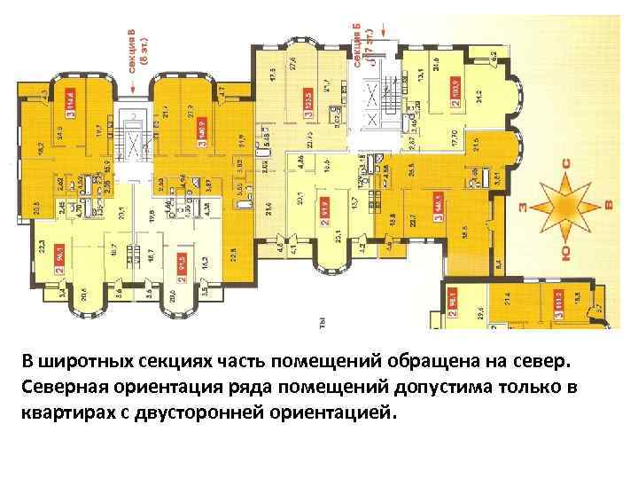 В широтных секциях часть помещений обращена на север. Северная ориентация ряда помещений допустима только