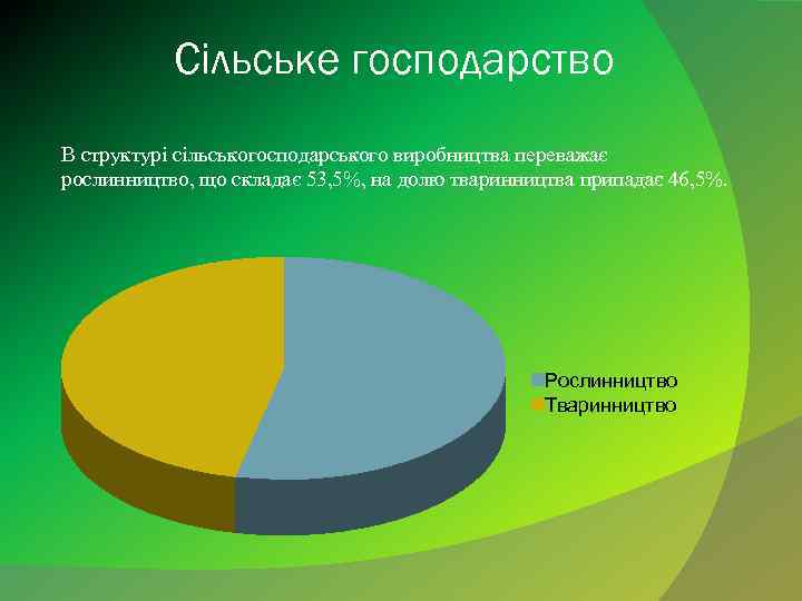 Сільське господарство В структурі сільськогосподарського виробництва переважає рослинництво, що складає 53, 5%, на долю