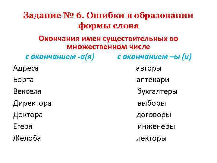 Задание № 6. Ошибки в образовании формы слова Окончания имен существительных во множественном числе