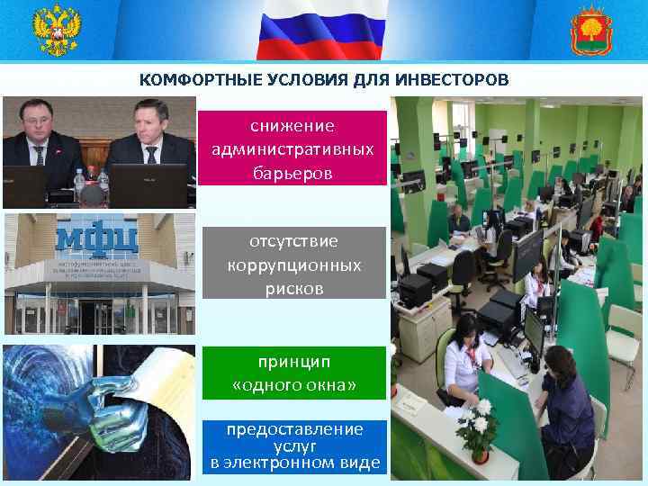 КОМФОРТНЫЕ УСЛОВИЯ ДЛЯ ИНВЕСТОРОВ снижение административных барьеров отсутствие коррупционных рисков принцип «одного окна» предоставление