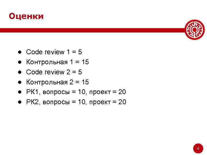 Оценки ● ● ● Code review 1 = 5 Контрольная 1 = 15 Code