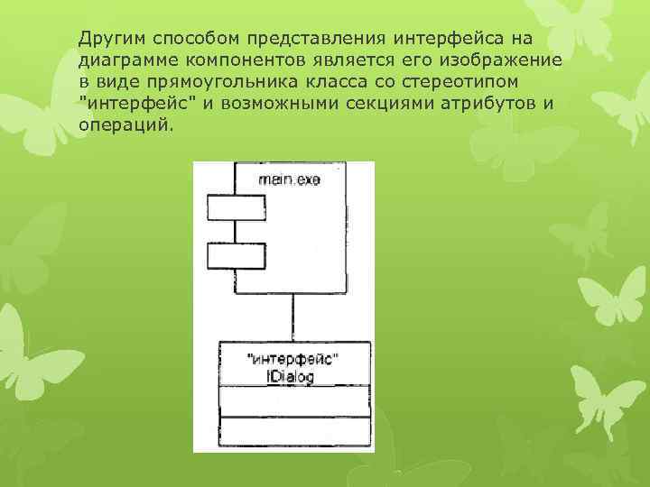 Другим способом представления интерфейса на диаграмме компонентов является его изображение в виде прямоугольника класса