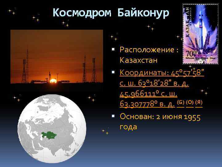 Космодром Байконур Расположение : Казахстан Координаты: 45° 57′ 58″ с. ш. 63° 18′ 28″