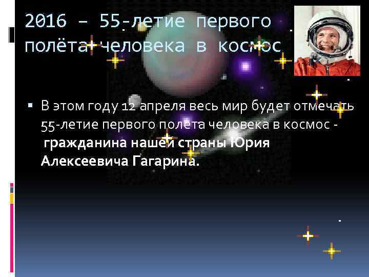 2016 – 55 -летие первого полёта человека в космос В этом году 12 апреля