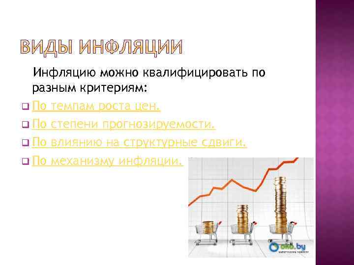 Инфляцию можно квалифицировать по разным критериям: q По темпам роста цен. q По степени