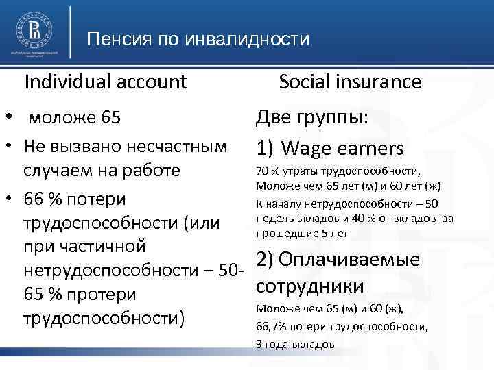 Пенсия по инвалидности Individual account • моложе 65 Social insurance Две группы: фото 1)