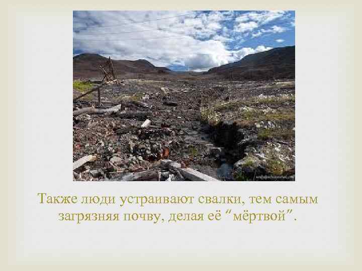 Также люди устраивают свалки, тем самым загрязняя почву, делая её “мёртвой”. 