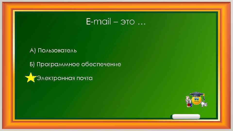 E-mail – это … А) Пользователь Б) Программное обеспечение В) Электронная почта 